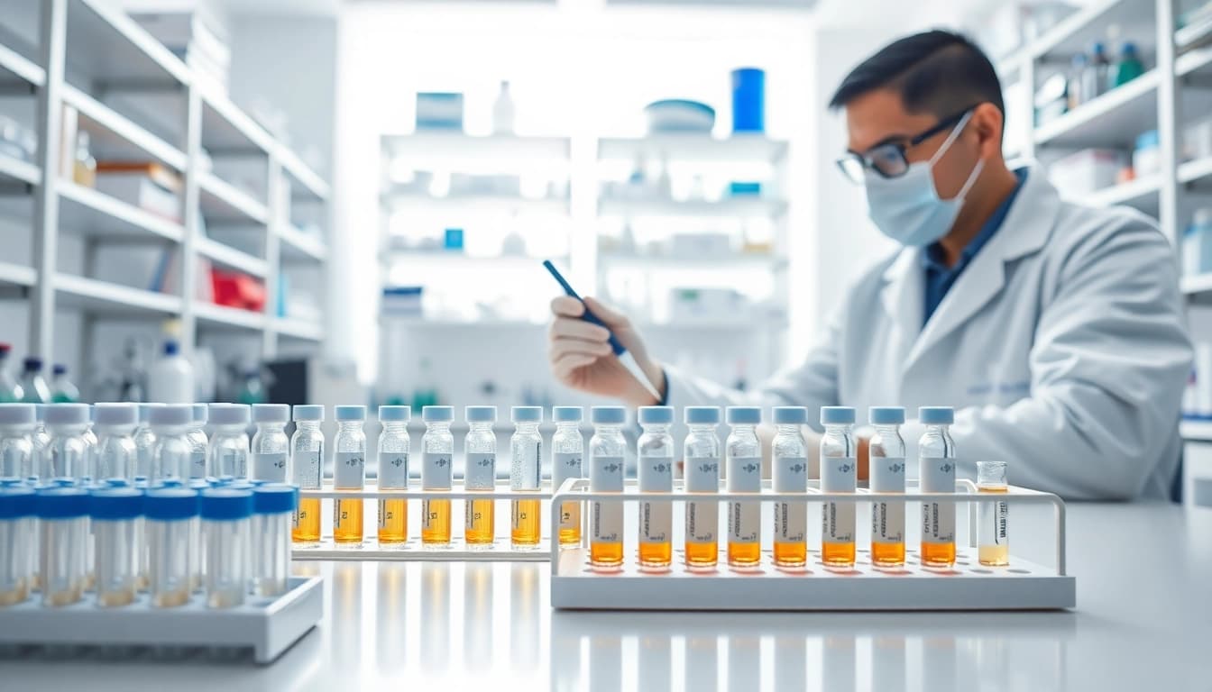 Scientist analyzing vials of research peptides in a bright laboratory environment.