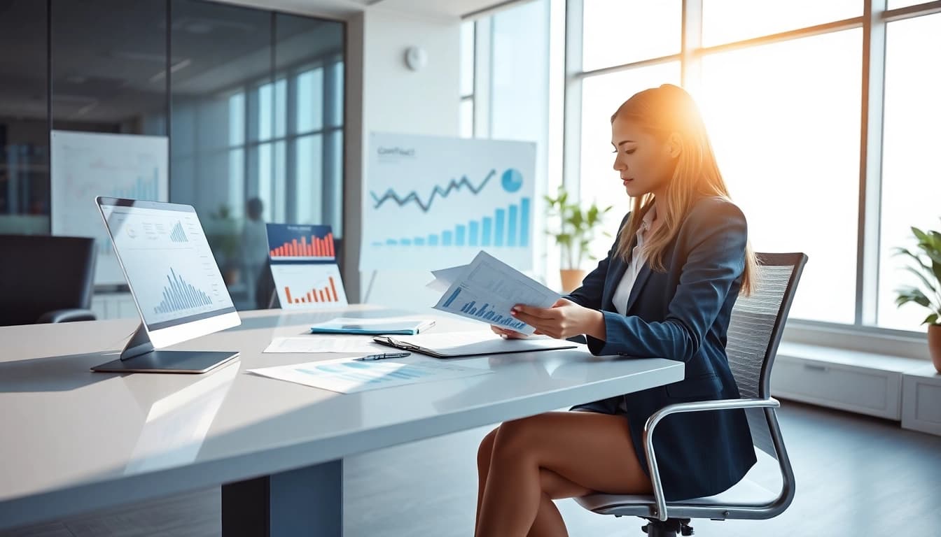 Enhance your contract management skills with a businesswoman reviewing documents in a modern office.