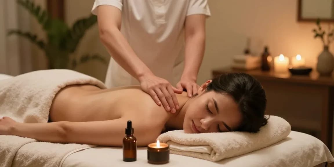 마사지 중인 고객과 전문가, 편안한 스파 환경.