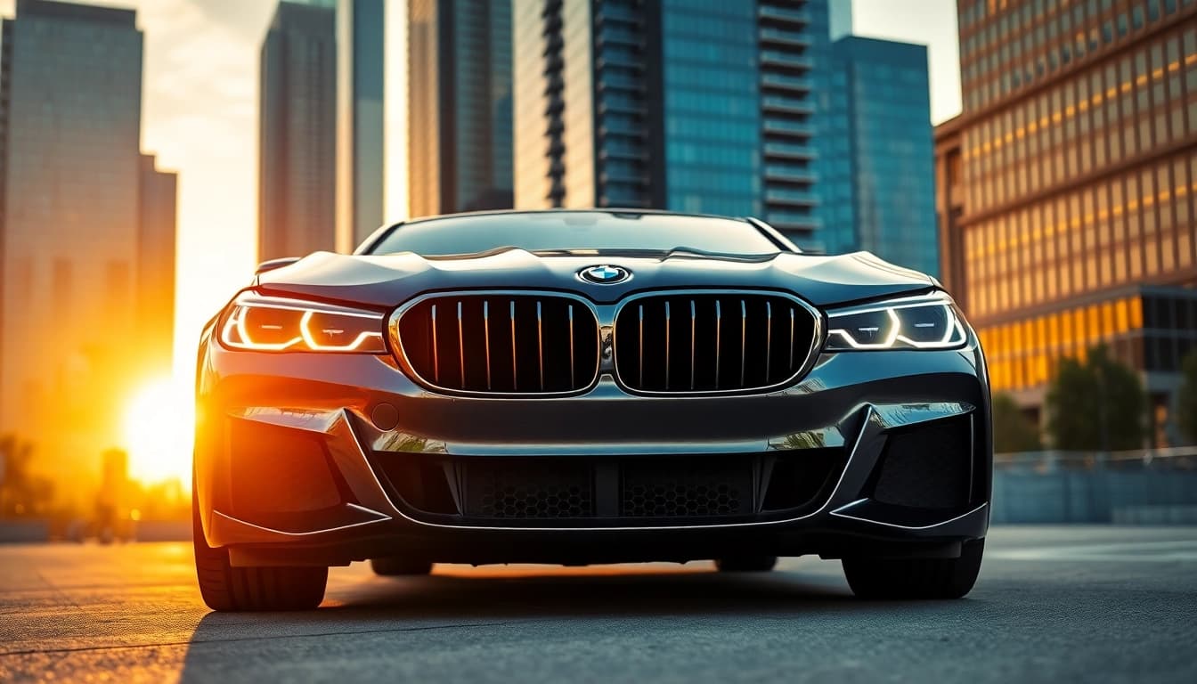A Luxury BMW car parked elegantly against a sophisticated urban backdrop.