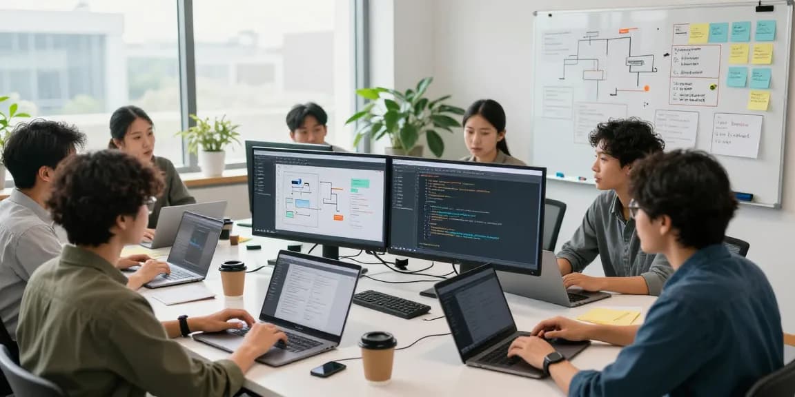 Diverse team collaborating in an office to build internal tools with AI, showcasing innovation and teamwork.