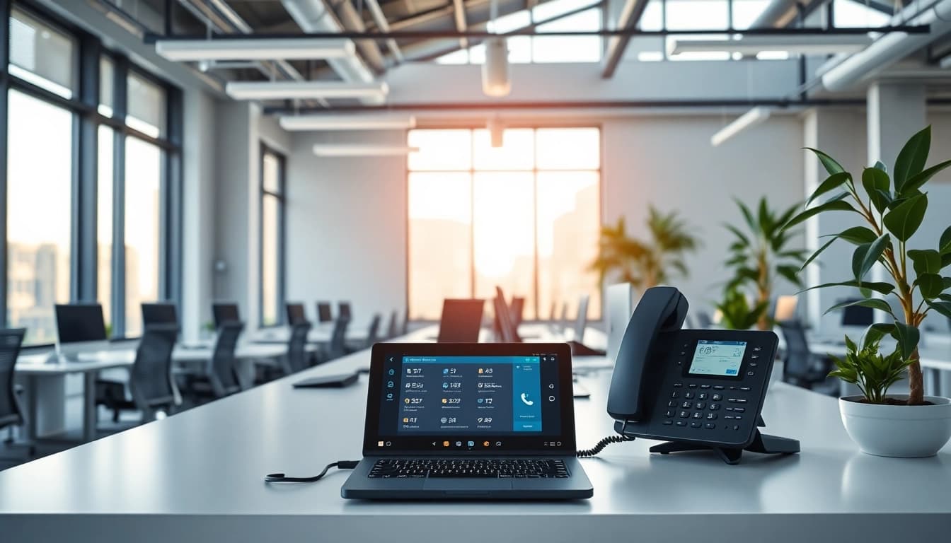 Showcasing a cloud business phone system setup in an inviting office with modern decor.