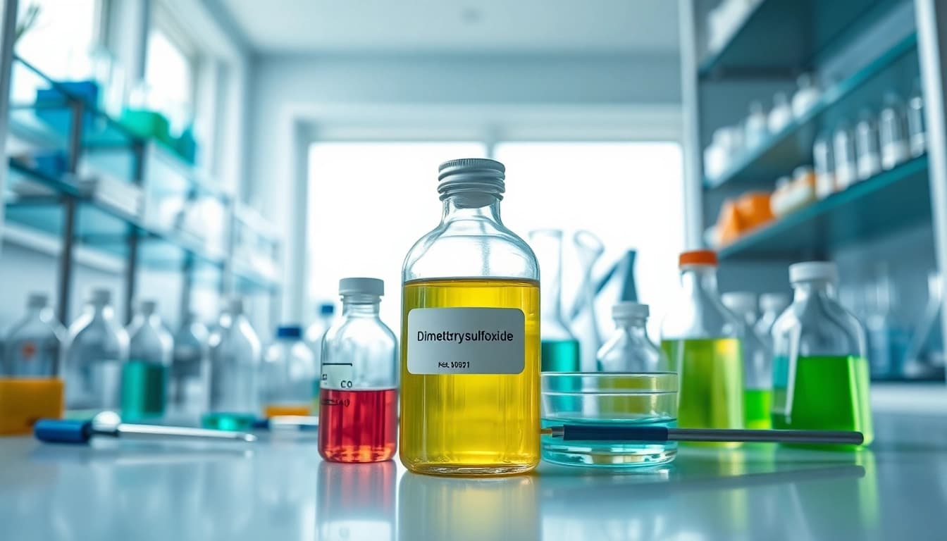 Investigating dimethylsulfoxide in a professional laboratory setting with glass vials and bright lighting.