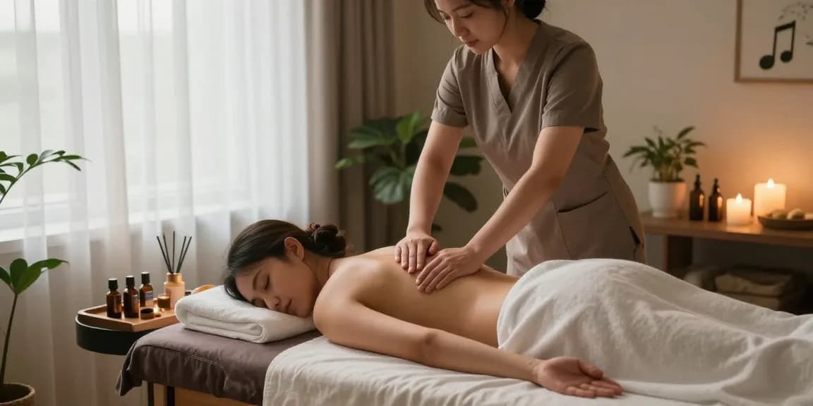 마사지 테라피에서 편안히 쉬는 고객과 치료사를 보여주는 사진