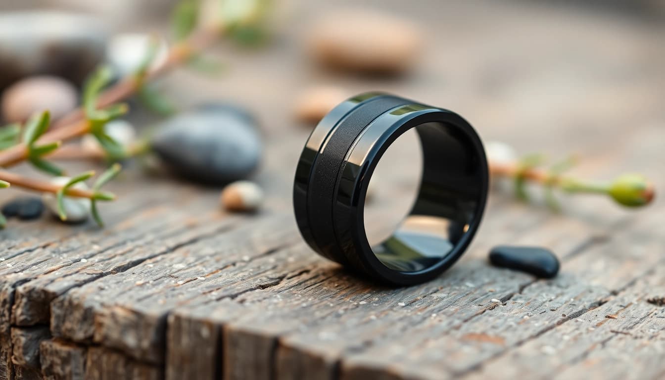 Showcase Black Wedding Rings for Men featuring a sleek tungsten design on a rustic wooden surface.