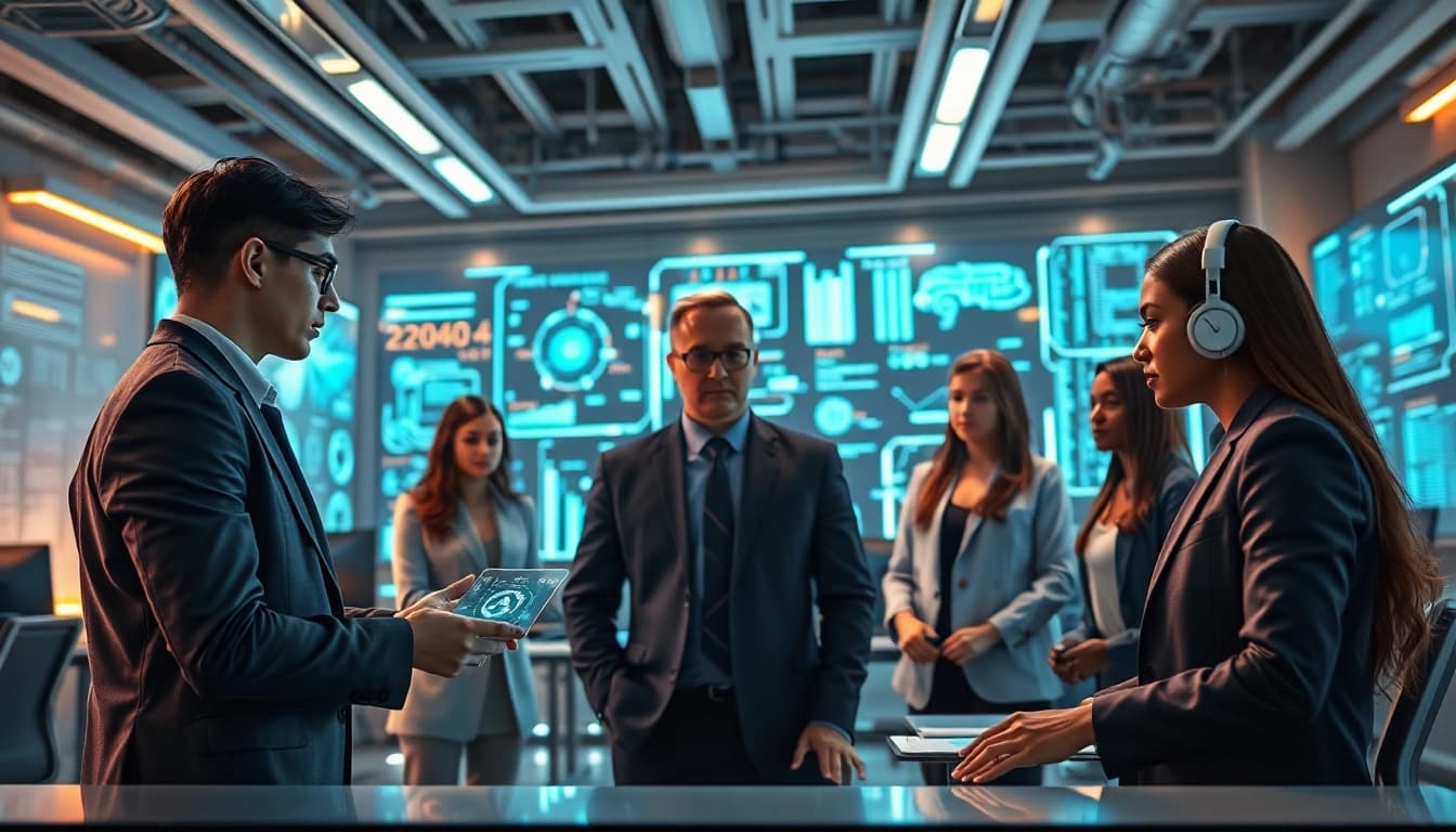 AI agents collaborating in a futuristic office environment showcasing technology and teamwork.