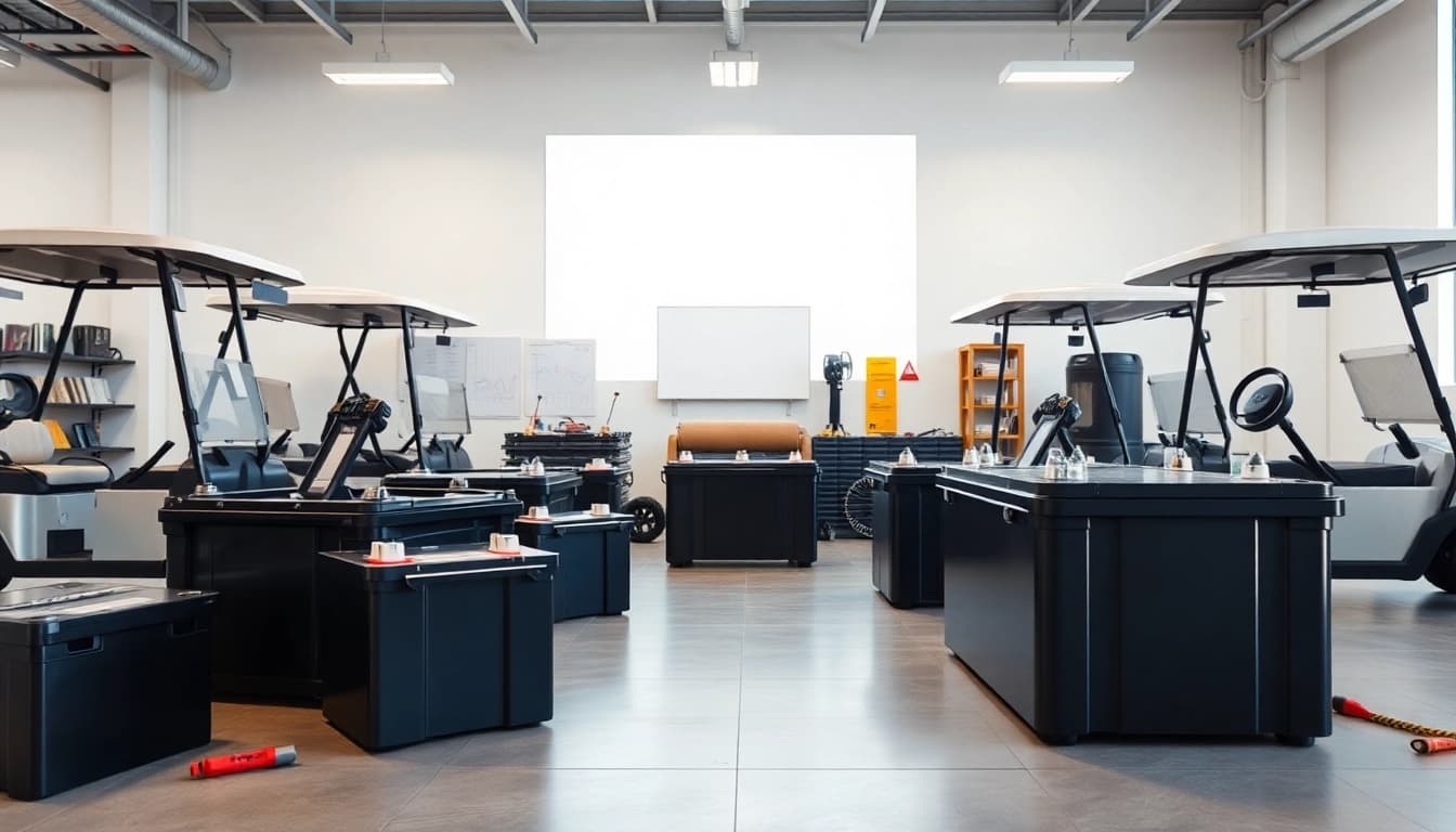 Showcasing lithium golf cart batteries with sleek designs in a well-lit showroom.