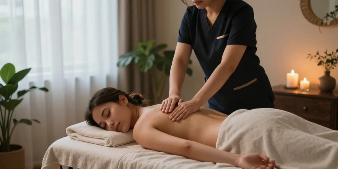 스웨디시 마사지 중인 장면, 아로마 테라피 캔들과 자연광이 비치는 편안한 공간