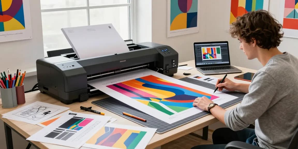 Custom poster printing process with designer creating vibrant prints in a bright studio.