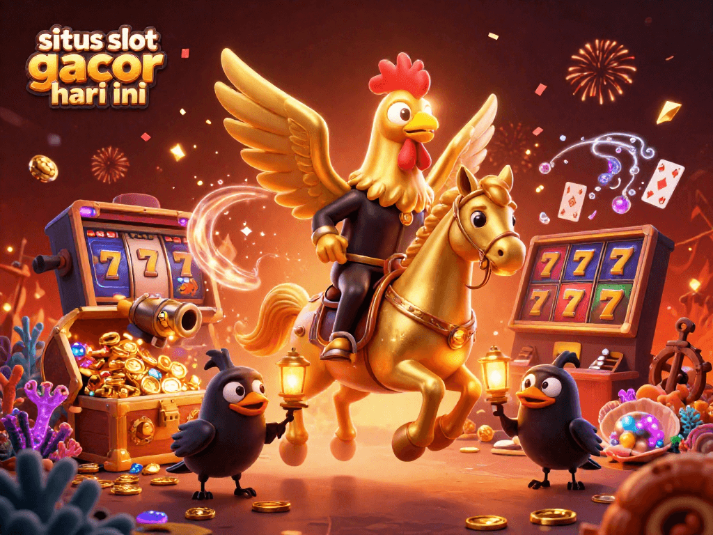 Sitos slot gacor hari ini illustrated with a golden rooster and spectral horse in a vibrant casino scene