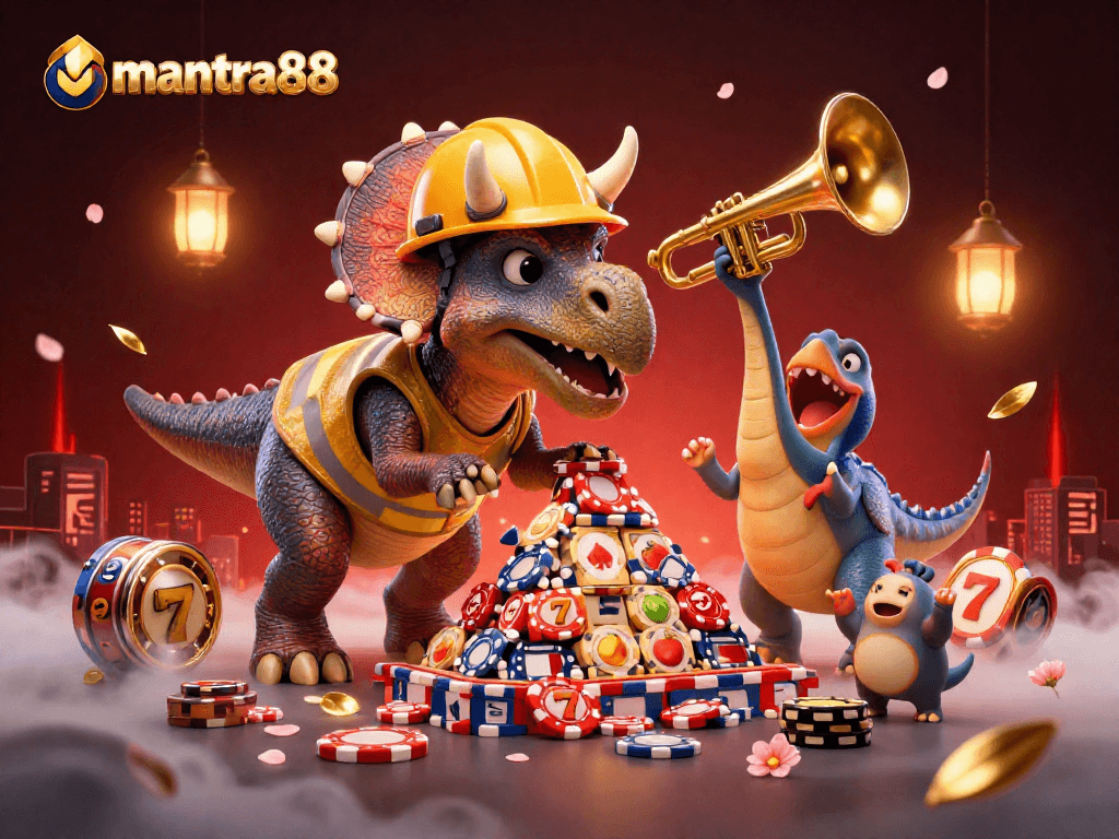 Celebrate winnings with mantra88 and dynamic slots, poker chips, and gaming excitement in a colorful 3D scene.