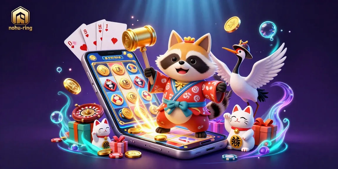 Nohiring players enjoy vibrant slot games with cheerful tanuki and lucky symbols amidst vivid game elements.
