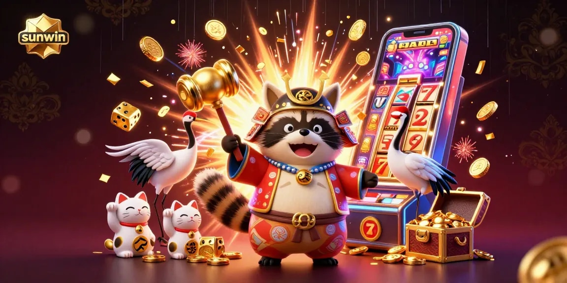 Experience the excitement of sunwin's colorful casino with a cheerful tanuki, golden mallet, and jackpots!