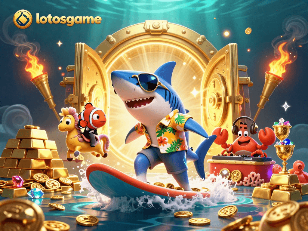 Engage with lotosgame's vibrant underwater scene featuring a shark and clownfish on a treasure wave.