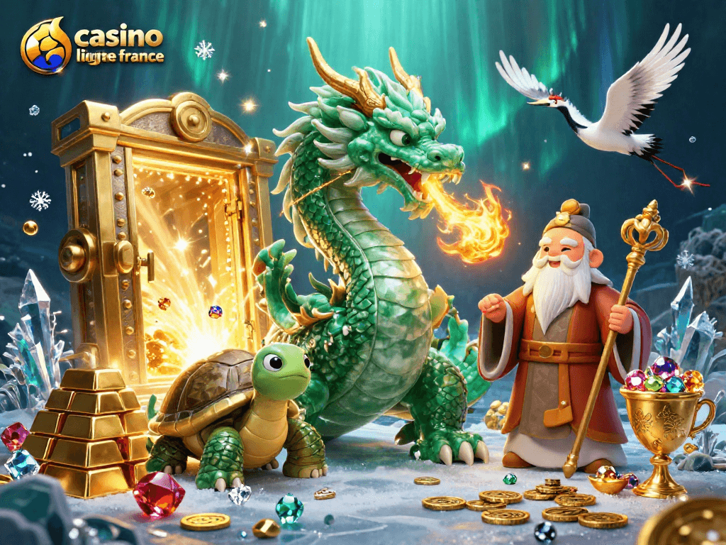 Jouez au casino en ligne France avec ce dragon, des symboles de richesse, et une ambiance dynamique.