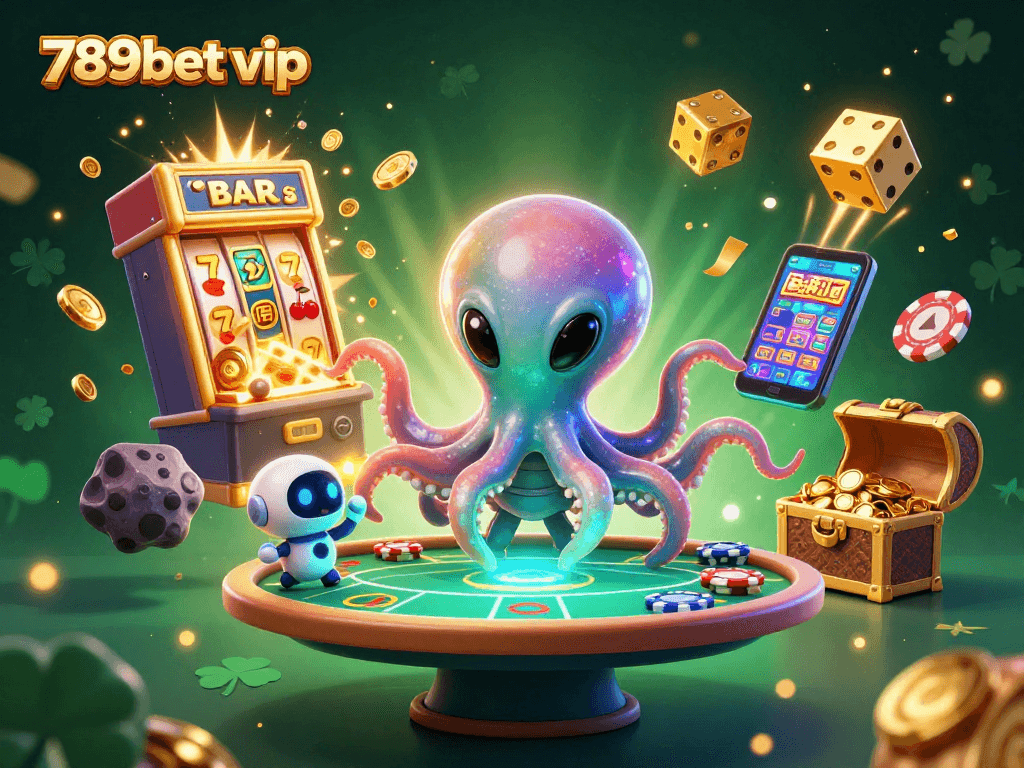 Play thrilling games with 789bet vip at an eye-catching 3D casino featuring an alien octopus and dynamic slot machines.
