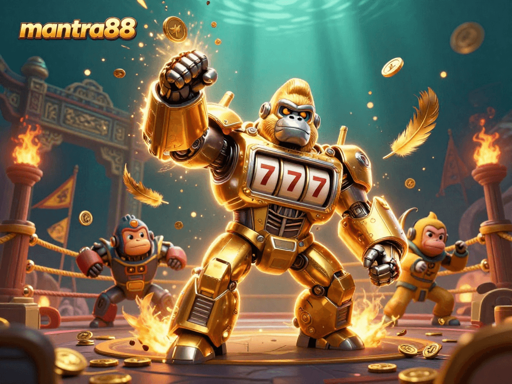 Experience thrilling action with mantra88's game-themed gorilla mech and vibrant casino elements.