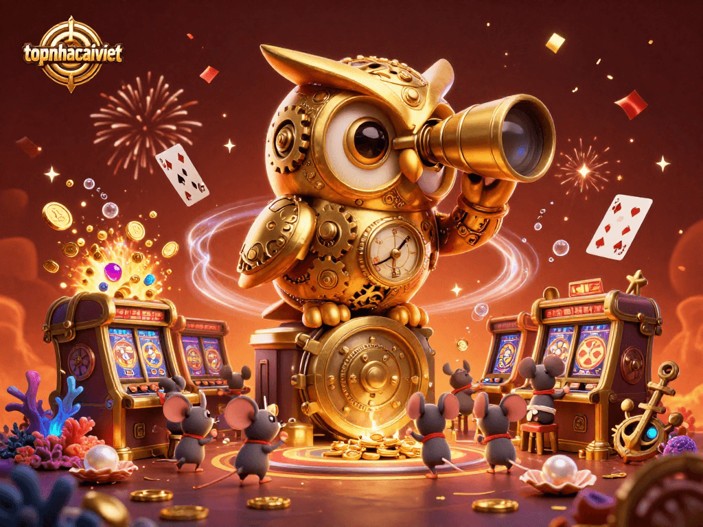 Engage with topnhacaiviet’s vibrant casino world, featuring a whimsical 3D owl and festive elements.