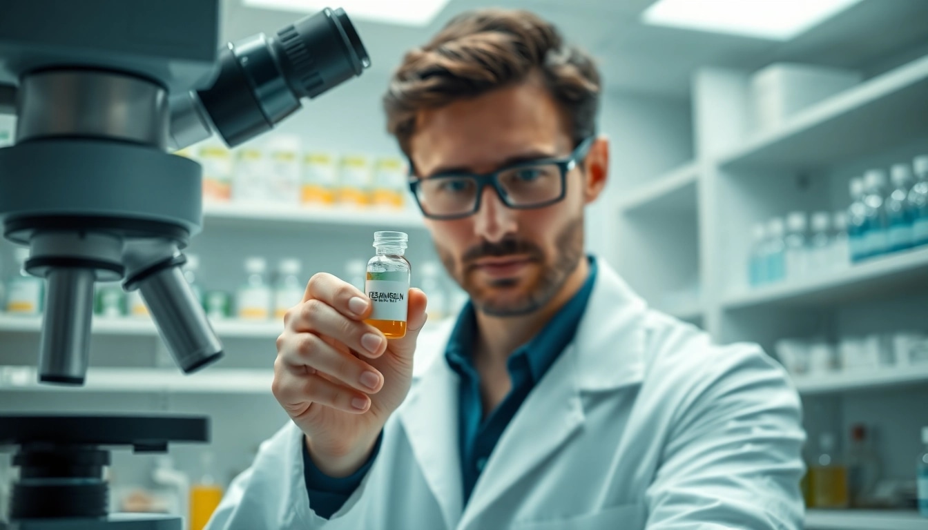 Buy tesamorelin peptide in a professional lab setting with a scientist analyzing samples.