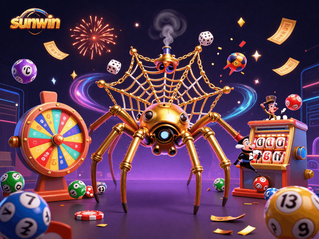 Engage with Sunwin's vibrant universe of gaming as colorful lottery balls spin, brilliantly arranged around a whimsical steampunk spider.