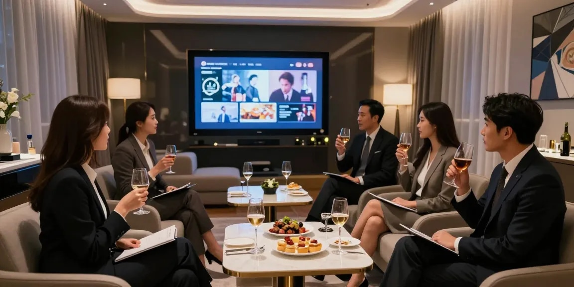강남구구단에서 고급스러운 분위기의 룸살롱 모습, 비즈니스 미팅 중인 고객들.