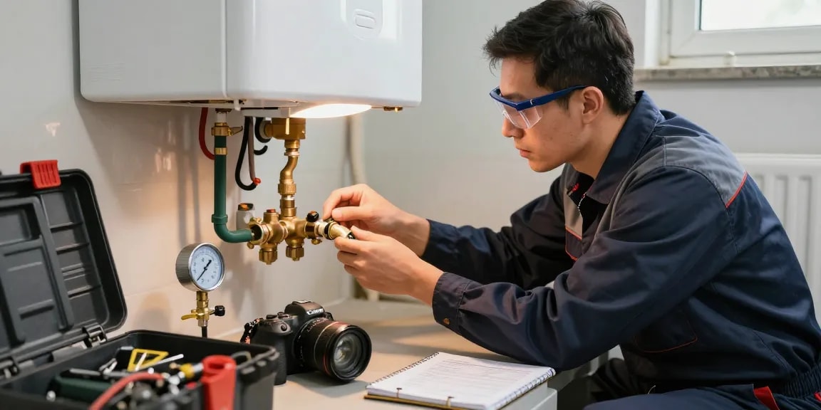 Professional technician performing boiler repair in Northampton, surrounded by tools and equipment in a well-lit utility room.