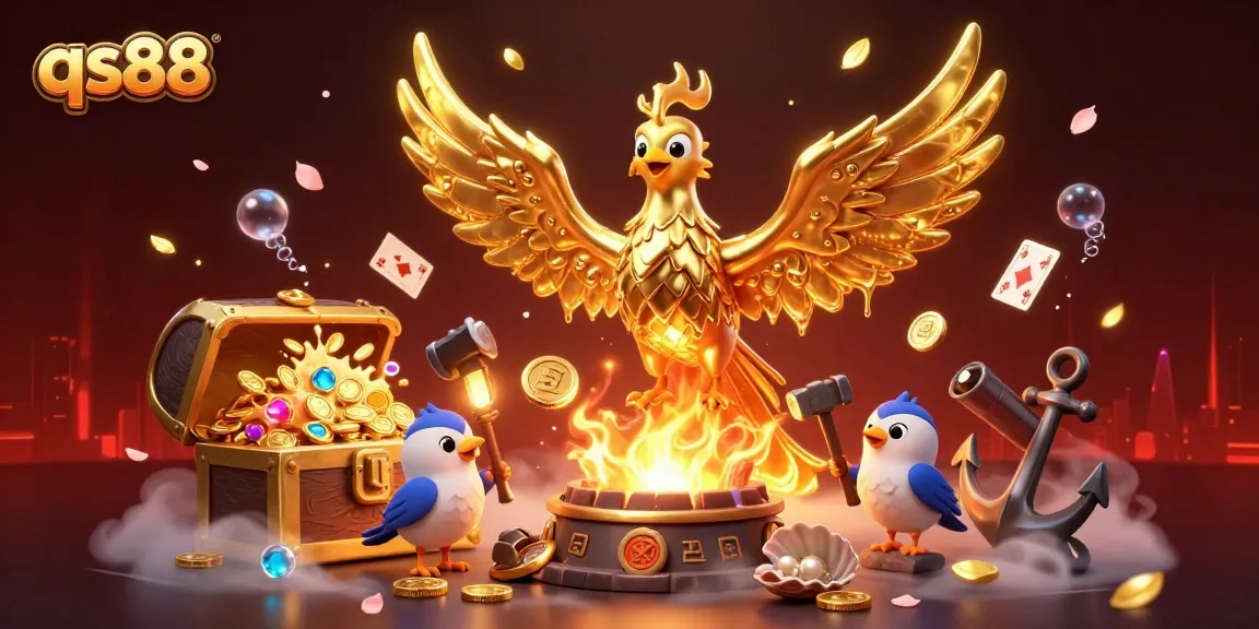 Experience online gaming thrills with qs88's golden phoenix and rich casino elements.