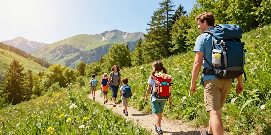 Family adventure hiking in nature with mantra88 spirit of outdoor exploration.