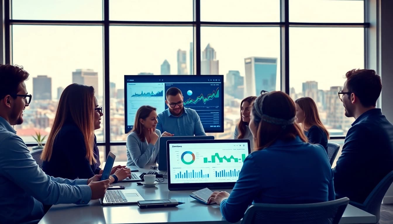 Engaging team focused on social media marketing edmonton strategies in a modern office.