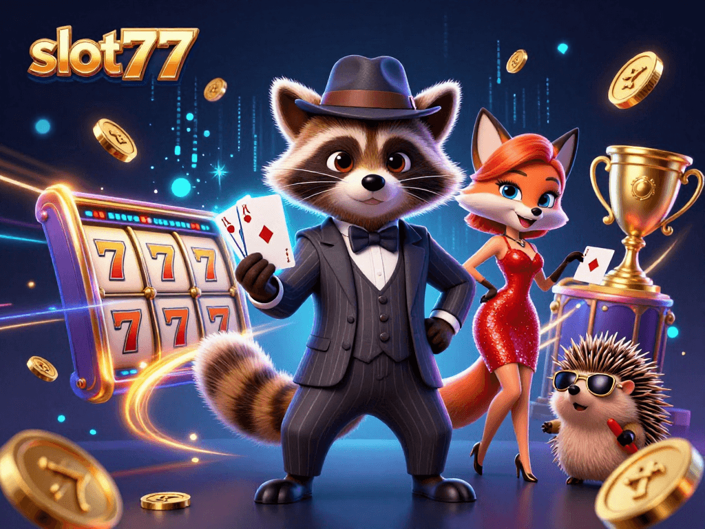 Experience high excitement at slot777 with our charming raccoon and fox duo in a vibrant casino scene.