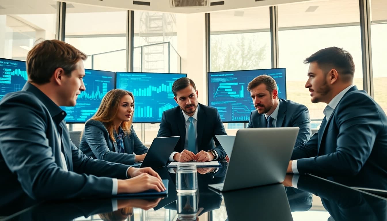 Cyber essentials renewal strategy session with a focused cybersecurity team in a modern office.