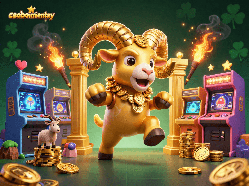 Catch thrilling game action in caoboimientay with a dazzling golden ram charging at the gate, surrounded by arcade elements.