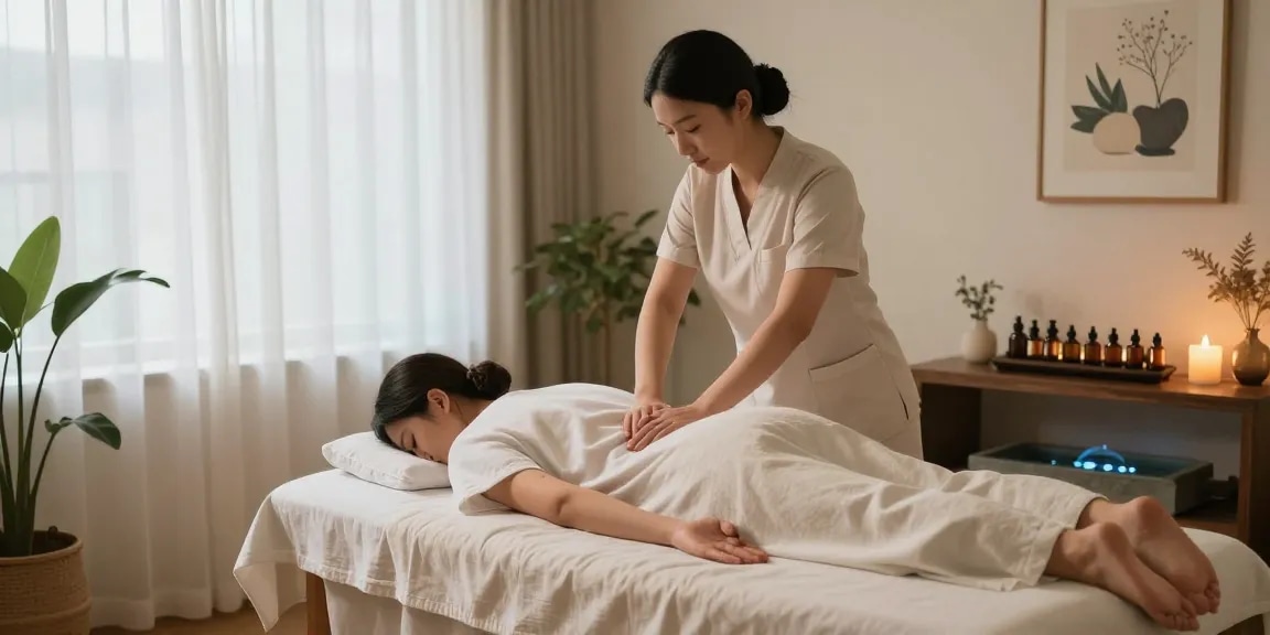 스웨디시 마사지를 받는 모습, 편안한 분위기의 마사지 스튜디오에서 치료사가 고객을 돌보고 있는 장면