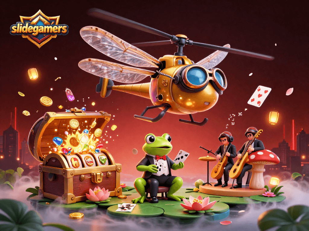 Engage with slidegamers by joining a lively scene of a dragonfly pilot and frog dealer surrounded by vibrant casino elements.
