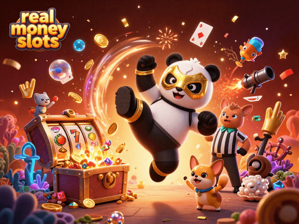 Experience real money slots excitement with a dynamic 3D illustration of animated characters and casino elements.