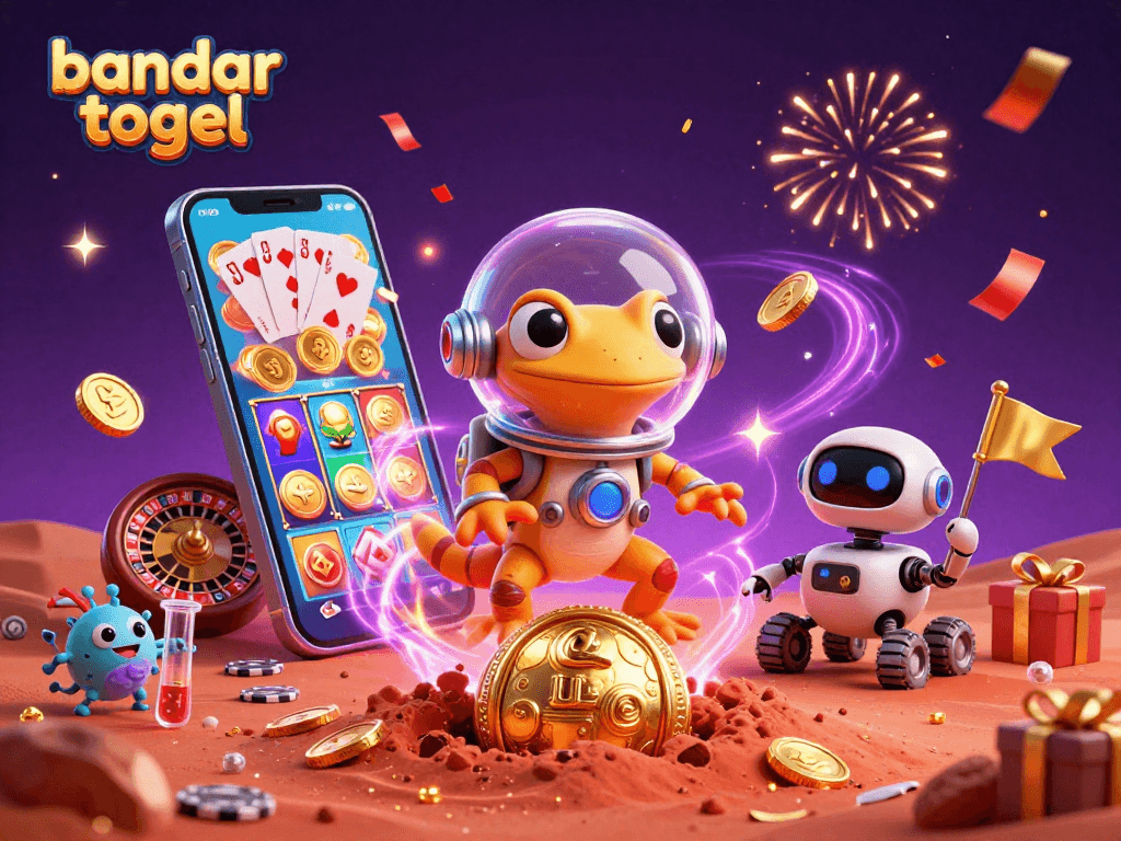 Experience the excitement of bandar togel with vibrant aliens discovering a golden casino!