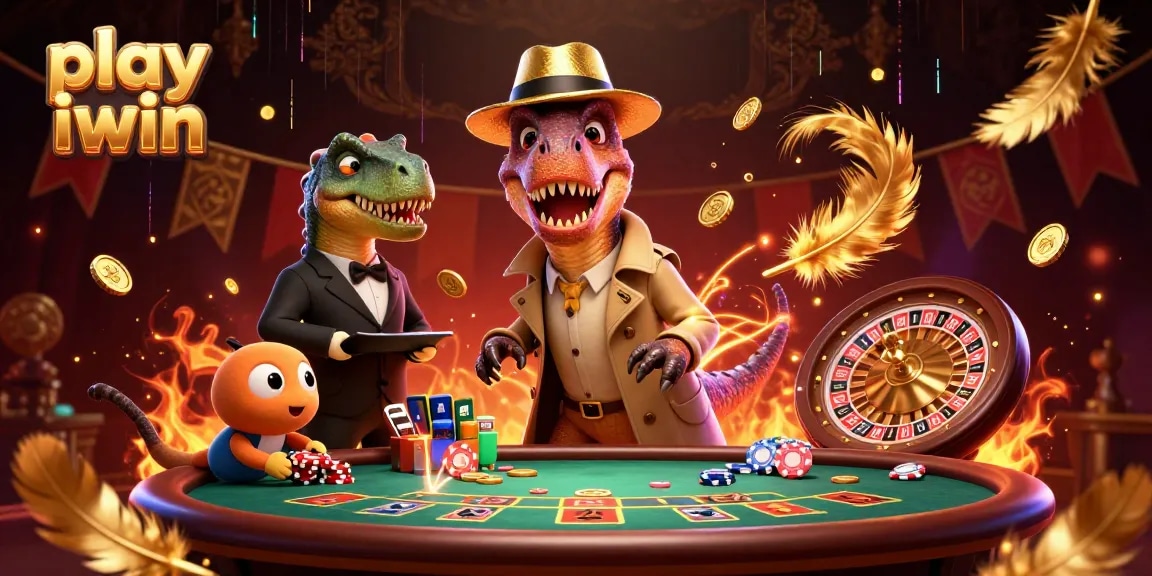 Play iwin at a vibrant casino scene with cartoon dinosaurs counting cards and sneaking chips.
