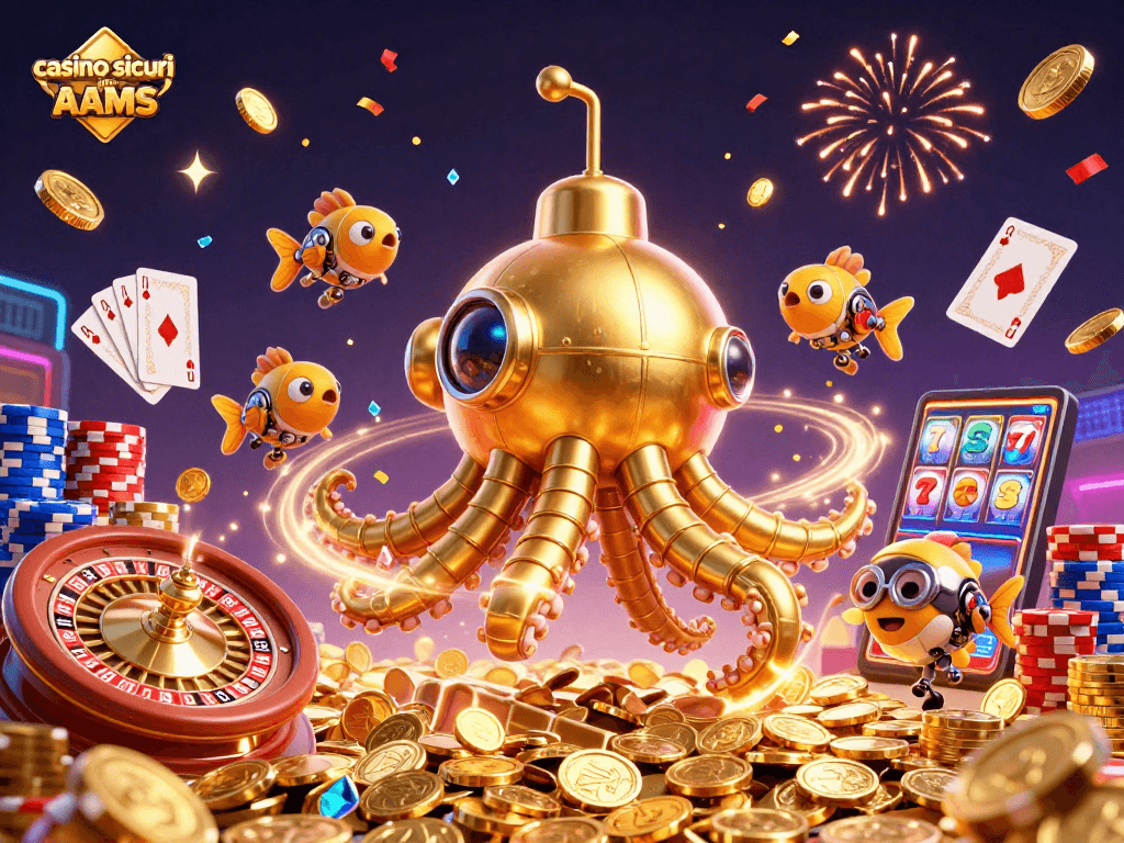 Giocando nei casino sicuri non AAMS con un kraken d'oro e pesci meccanici, tra monete e slot.