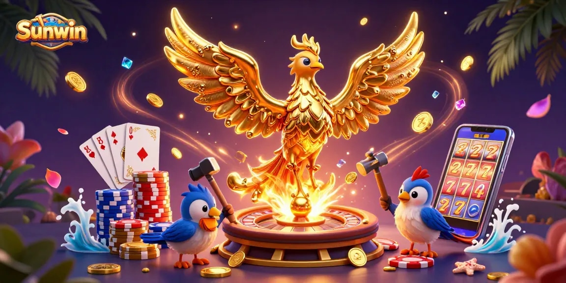Experience the thrill of gaming at Sunwin with dynamic 3D visuals of gold coins and casino elements.