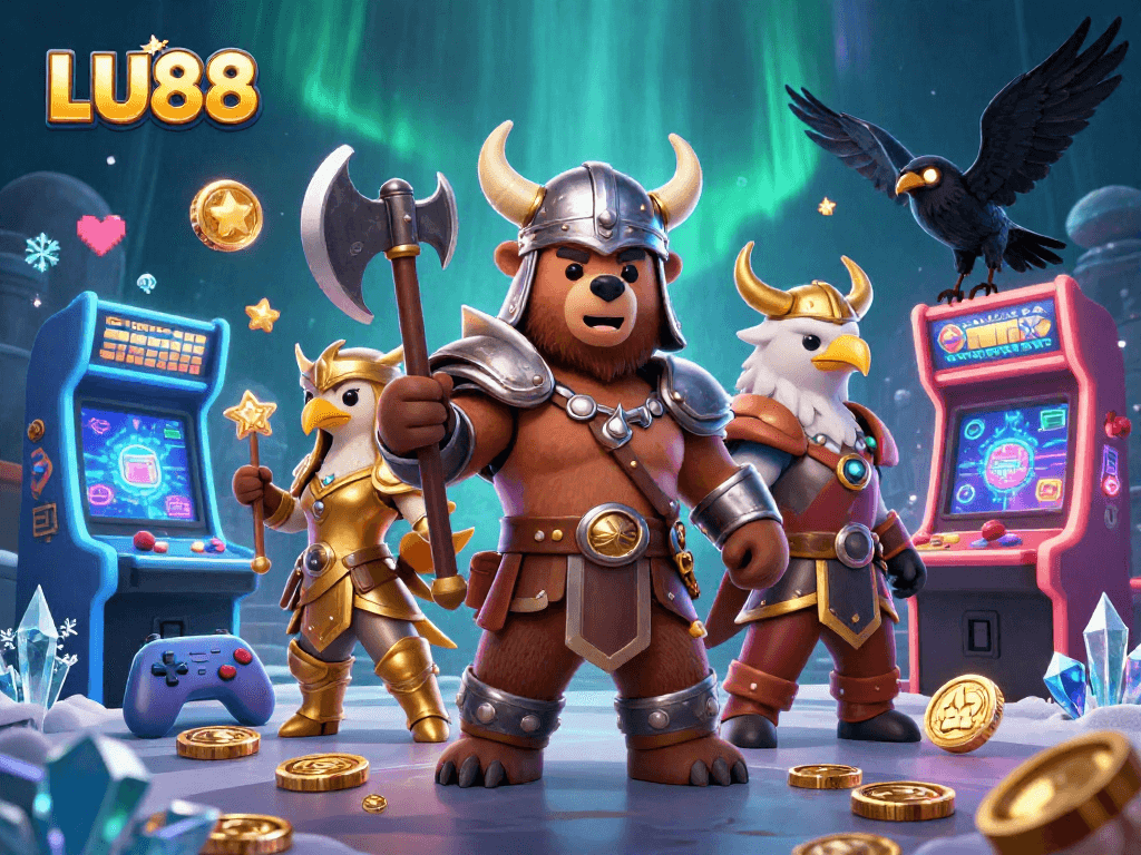 LU88 offers exciting gameplay with a cartoon viking bear and valkyrie, immersed in vibrant casino elements.