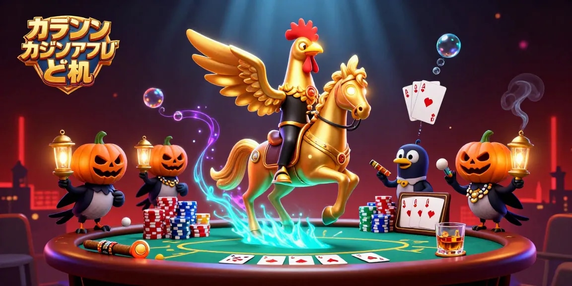 オンラインカジノアプリでテーブルゲームを楽しむ金色のニワトリを描いたイラスト