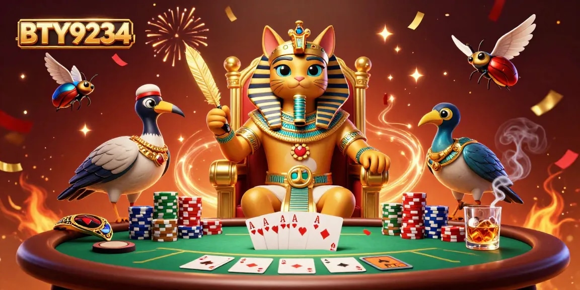Experience BTY9234's regal theme with an Egyptian pharaoh cat surrounded by poker elements in this stunning illustration.