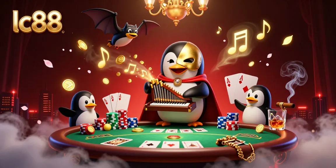 Experience the excitement of lc88 online gaming with a vibrant scene featuring a penguin, coins, poker elements.