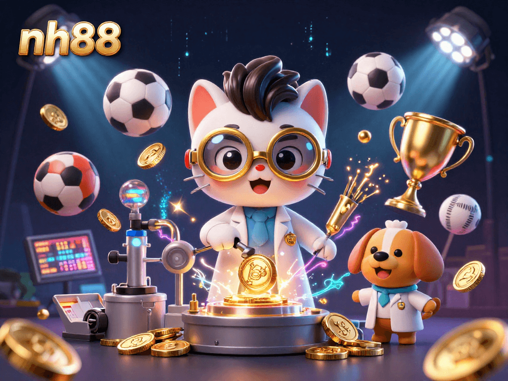 nh88 players strategizing as a mad scientist cat and loyal dog surround gold coins and sports betting elements in a dynamic casino scene