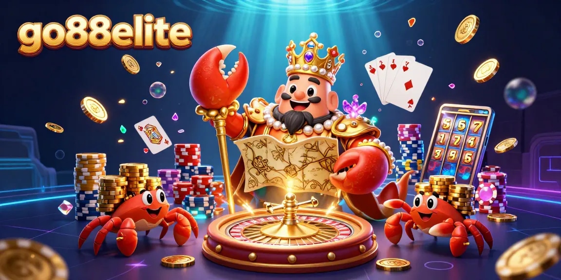 Win big at go88elite with the engaging golden crab emperor in a vibrant casino scene.