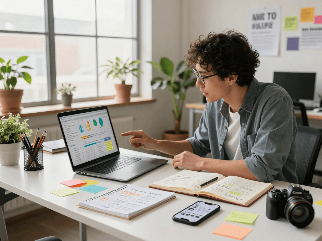 Content strategist analyzing metrics and creating content for mantra88 in a vibrant workspace.