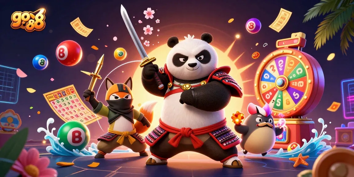 Join the fun at go 88 with samurai panda and friends as they enjoy vibrant lottery games and prizes.