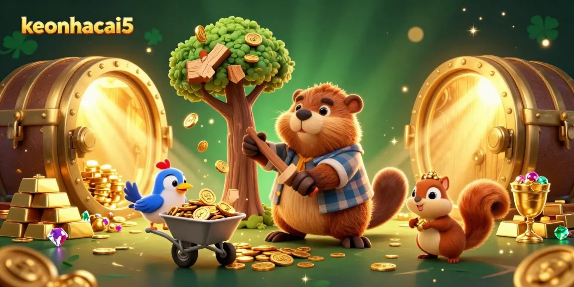Engage with keonhacai5 as a cartoon beaver rains golden coins within a vibrant casino scene.