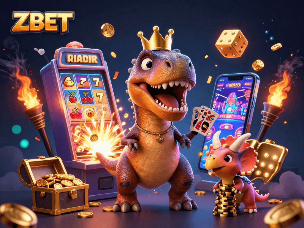 ZBET showcases an action-packed gaming scene with a friendly T-Rex and casino elements for a thrilling experience.