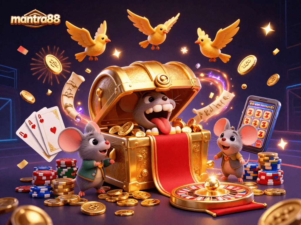 mantra88 brings winning excitement with a treasure chest and dynamic casino elements.